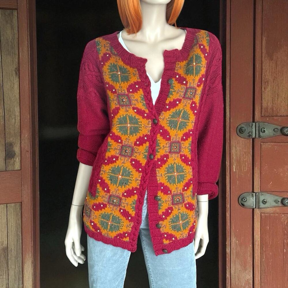 Vintage Evan Picone Hand Knit Cardigan Sweater Red Gold Button Up